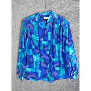 VTG Three Flaggs Blouse Womens 14 Aqua Blue Abstract Shoulder Paded